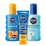 NIVEA SUN Routine haute protection solaire avec spray solaire Protect & Bronze FPS 50, Crème solaire UV VISAGE FPS 30 et après-soleil hydratant, Produits solaire pour tous types de peau