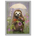 Picking Flowers in the Rain Oil Painting Cute Sloth with an Umbrella in a Wildflower Meadow Kids Bedroom Artwork Framed A3 Wall Art Print