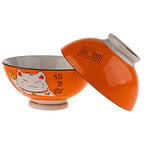 lachineuse - 2 Bols à Soupe ou à Ramen - Design Maneki Neko - Colori Orange - Bols Multi-Usage - Porcelaine - Décoration Japonaise - Idée Cadeau Japon Asie