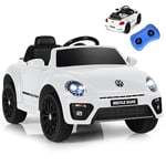 GOPLUS 12V Voiture Electrique Enfants Coccinelle avec Télécommande 2,4G, Véhicule Électrique Enfant 1 Place 3-8 Ans Beatles avec LED/USB, 3-5 KM/H(Blanc)