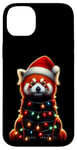 Coque pour iPhone 14 Plus Panda rouge avec bonnet de Père Noël et lumières de Noël mignon