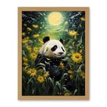 Artery8 Midsummer Night's Panda Dream Oil Painting Panda Bear in a Full Moon Sunflower Field Landscape Kids Bedroom Artwork Framed Wall Art Print 18X24 Inch