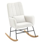 SONGMICS HOME Fauteuil à Bascule, avec Accoudoirs, Surface en Tissu Peluche, Structure en Acier, Pieds en Bois d’Hévéa, Capacité de Charge 136 kg, pour Chambre, Salon, Blanc Crème LYY500W01