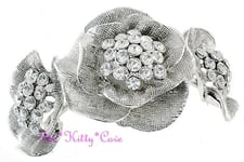 Textured Rose Trio Flower Floral Silver Hinged Cuff Bangle w/ Swarovski Crystals