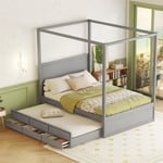 Lit gigogne 140 x 200 cm lit à baldaquin - lit platefome avec lit simple escamotable et 3 compartiments de rangement lit en bois massif - gris