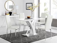 Atlanta White High Gloss and Chrome 4 Seater Dining Table with X Shaped Legs and 4 Faux Leather Milan Chairs