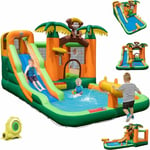 Costway - Château Gonflable Tropical à Thème Singe & Palmier avec Toboggan Aquatique, Maison de Saut Gonflable avec Piscine & 50 Boules, Charge 90kg