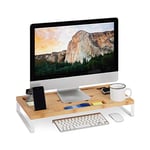 relaxdays Display Stand, Bamboo and Iron Screen Riser for Monitor or Laptop, Ergonomic Desk Organiser, White