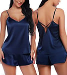 RSLOVE Lingerie Sexy Col en V pour Femmes Vêtements de Nuit en Satin Pyjamas Ensemble Cami Shorts Vêtements de Nuit Bleu L