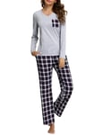 iClosam Pyjama Femme Hiver Coton Ensemble de Pyjama Chaud col V Vêtements de Nuit 2 Pièces Confortable avec Haut à Manche Longue et Bas de Pyjama à Carreaux S-XXL