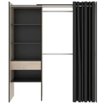 Pegane - Armoire dressing extensible avec rideau + 1 tiroir coloris naturel/graphite - Longueur 110-160 x Hauteur 203 x Profondeur 50 cm