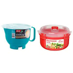 Decor Microwave Safe Plastic jug with lid | microwaveable Bowl with Handle | Large Gravy jug Teal 2000ml - Teal & Sistema Microwave Round Bowl - Microwave Food Container - Red/Clear