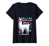 Womens She's A Bad Funny Joke Mother In Law Cute Llama Mother's Day V-Neck T-Shirt