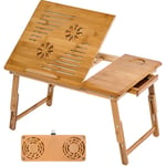 Table de lit 55 x 35 x 26 cm, double ventilateur - tablette, table de lit pour ordinateur portable, liseuse en bambou - marron