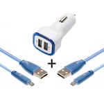 Pack Voiture Pour Iphone 7 Lightning (2 Cables Smiley + Double Adaptateur Led Allume Cigare) Apple - Bleu