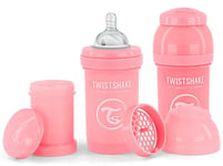 Twistshake 2x Biberons Anti-Coliques Avec Récipient Pour Lait En Poudre Et Mélangeur - 180ml | Tétine En Silicone À Débit Lent | Biberon Sans BPA | 0+ Mois | Rose