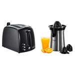 Russell Hobbs Presse Agrumes Electrique, 2 Sens Rotation, 2 Cônes Interchangeables, Jus de Fruit Frais Rapide - Inox 22760-56 & Toaster Grille-Pain Fentes Larges - Noir 22601-56 Texture