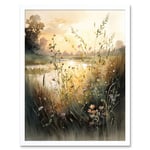 Serene Lakeside Landscape with Wildflowers at Dawn Modern Watercolour Painting Art Print Framed Poster Wall Decor 12x16 inch