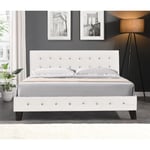 Lit avec Sommier 160x200 cm + Tête de Lit Capitonnée Couleur BLANC + Pieds en 10 cm - emilie - 13 Lattes - revetement PVC Simili facile d'entretien