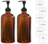 Sunrise Premium Amber Glass Soap Dispenser with Plastic Pump, 16 Oz Pack of 2 Brown Dish and Hand Soap Dispenser Set Refillable Reusable Apothecary Soap Pump Dispenser bottles for Bathroom and Kitchen