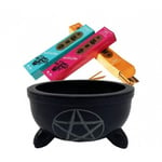 Incense Bowl Black Soapstone Pentangle + Stones -- 10X6 Cm