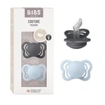 BIBS Couture Soother 2-Pack, BPA Free Dummy Pacifier, Anatomical Nipple. Silicone, Size 1 (0-6 Months), Iron/Baby Blue