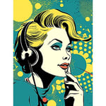 Artery8 Retro 1950's Woman Telephone Headset Comic Book Style Blue Yellow Hello Girl Portrait Large Wall Art Poster Print Thick Paper 18X24 Inch