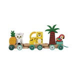 Janod - Train Tropical à Tirer Tropik - Jouet à Tirer en Bois - 11 Pièces et 3 Wagons - Jouet Educatif Motricité et Coordination Main Œil - Certifié FSC - Peinture à l'Eau - Dès 1 An, J08272