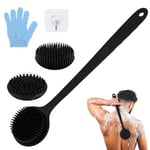 LOPHE Brosse Dos Douche Long Manche,Brosse de Douche en Silicone avec Long Manche,Doux Brosse pour Le Dos Douche,Brosse de Douche Double Face pour Exfoliation et Massage pour La Douche,Noir