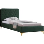 Lit simple glamour couchage 90x190 cm, avec sommier et pieds en métal doré, style baroque, revêtement en velours capitonné vert - Vert