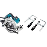 Makita HS7611J/2 240V 190mm Circular Saw Supplied in a Makpac Case & 194385-5 Clamp Set for SP6000 Plunge Saw (Pair), Silver