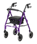 Days Four Wheel Rollator, Lite Aluminium, Walkin Aid, Lightweight and Foldable Frame, Mobility Aids, Attendant-Propelled, Removable Footrests, Large, Purple