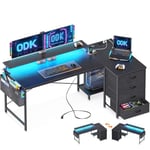 ODK Bureau d'angle Réversible, Bureau Gaming LED, Bureau en L avec 2 Prise de Charge USB et 2 Prise de Courant, Bureau Informatique avec 4 Tiroirs, Bureau Gamer pour Domicile, Noir, 160x80x84.7cm