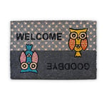 Relaxdays 10016785 Paillasson Tapis de sol en fibre de coco tapis d‘entrée Welcome/ Goodbye chouettes hiboux tapis de plancher accueil 40x60 cm dessous antidérapant PVC caoutchouc essuie-pieds, gris