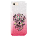 Coque Iphone 7 et 8 et SE 2020 paillettes rose tie Mort calavera fleur aztec