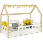 Lit cabane enfant 80 x 160 cm neree blanc et hêtre avec sommier et barrières