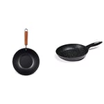 Ken Hom KH327001 Carbon Steel Non Stick Wok | 27 cm | Classic | Non-Induction/Wooden Handle/Flat Base Pan | includes 1 x Chinese Wok | Not Dishwasher Safe