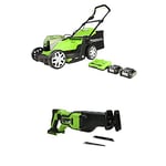 Greenworks G24X2LM41K2x Cordless Lawn Mower 41cm with 2X 2Ah Battery and Dual Slot Charger & 24V Battery Reciprocating Saw GD24RS