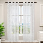 WOLTU Lot de 2 Rideaux Draperies en Lin Broderie de Fleurs Demi Transparent avec Oeillets Voilage Décoration pour Salon Chambre, 140x245 cm Blanc