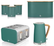 Swan Nordic Green Kettle 4 Slice Toaster Bread Bin & Canisters Kitchen Set of 6