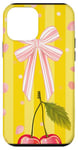 Coque pour iPhone 12 mini Jaune moderne rayé rose cerise noeud coquette mignon doux