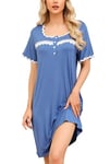 Lovasy Chemise de Nuit Femme Manches Courtes Robe de Nuit Été Col U avec Bordure en Dentelle Grande Taille Vêtements de Nuit Court Boutonnée Devant Nuisette Sexy C Bleu L