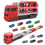 Cugybue Jouet de Camion pour Enfant,Transporteur Voiture Jouet Set,Camion Jouet Enfant Cadeau Enfant Portable avec 12 Voitures de Course, Meilleur Cadeau pour 3 4 5 6 Ans Garcon,Rouge