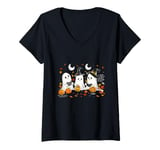 Womens Cute Ghost Drinking Coffee Halloween Ghost Book Reading V-Neck T-Shirt