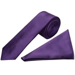 Plain Purple Satin Skinny Mens Tie and Pocket Square Set Wedding Tie Hankerchief