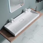 Lavabo double avec bonde vasque à poser ou suspendu 120cm x 46cm x 11cm évier blanc avec percage pour 2 robinets Colossum 19-2 1200