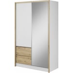 Armoire de rangement sara 134 cm Porte Coulissante Miroir 2 Tiroirs Blanc Mat / Chêne Artisan