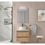 Meuble de salle de bain suspendu 60 cm Nevada en bois couleur chêne ostippo avec lavabo à poser 60 cm - Avec double colonne, miroir et lampe à led