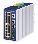 PLANET IP30 Industrial L2/L4 16-Port Håndtert L2/L4 Gigabit Ethernet (10/100/1000) Strøm over Ethernet (PoE) Aluminium, Blå