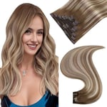 Easyouth Ombre Extension Clip Cheveux Naturel Brun Extension Cheveux Clip de Humain Brun Moyen Balayage Blond Platine et Brun Moyen Extension a Clip Cheveux Vrais 35cm 70g 7Pcs